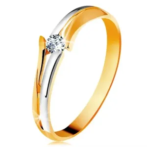 Diamantni 14-k zlati prstan, bleščeč prozoren briljant, razcepljena dvobarvna kraka - Velikost: 47