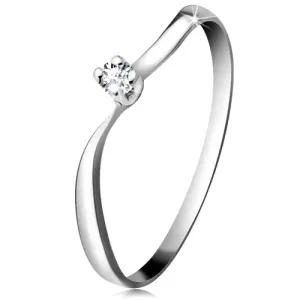 Diamantni prstan iz 14-k belega zlata – lesketav briljant v objemki, valovita kraka - Velikost: 52