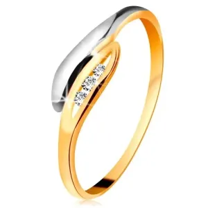 Diamantni prstan iz 14-k zlata – dvobarvni ukrivljeni listi, trije prozorni briljanti - Velikost: 57