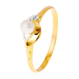 Diamantni prstan iz 14-k zlata, dvobarvni valovi, prozoren briljant in bel biser - Velikost: 57