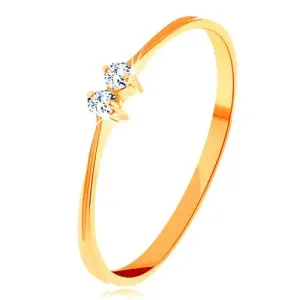 Diamantni prstan iz 14-k zlata - tanka sijoča kraka, prozorna in bleščeča diamanta - Velikost: 49