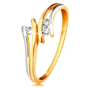 Diamantni prstan iz 14-k zlata, trije lesketavi prozorni briljanti, razcepljena dvobarvna kraka - Velikost: 51