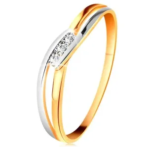 Diamantni prstan iz 14-k zlata, trije prozorni briljanti, razcepljena valovita kraka - Velikost: 48