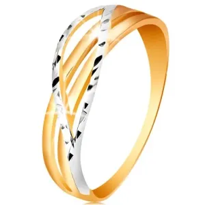 Dvobarven prstan iz 14-k zlata – razvejane in valovite linije krakov, zareze - Velikost: 51