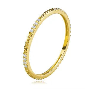 Fin prstan iz 585 rumenega zlata - linija okroglih cirkonov, diagonalne zareze - Velikost: 58