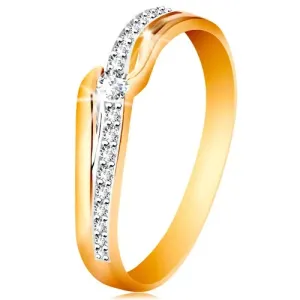 Lesketav prstan iz 14-k zlata – prozoren cirkon med koncema krakov, cirkonski val - Velikost: 60