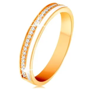 Poročni prstan iz 14k zlata - ozke linije iz prozornih cirkonov in bele glazure - Velikost: 49