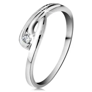Prstan iz 14-k belega zlata –lesketav prozoren diamant, ukrivljena kraka z zarezo - Velikost: 51