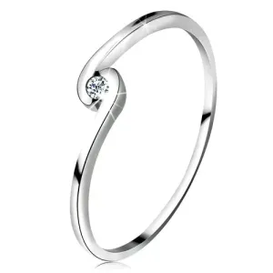 Prstan iz 14-k belega zlata – okrogel prozoren diamant med ukrivljenima krakoma - Velikost: 50