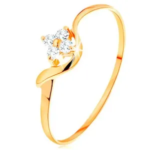 Prstan iz 14-k rumenega zlata - cvet iz prozornih diamantov, valovit krak - Velikost: 65
