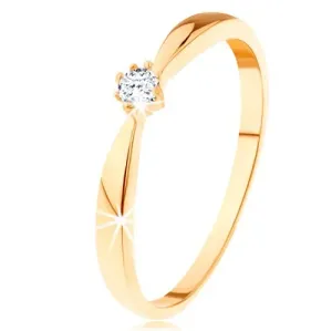 Prstan iz 14-k rumenega zlata - zaobljena kraka, okrogel prozoren diamant - Velikost: 65