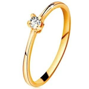 Prstan iz 14-k zlata – lesketav prozoren diamant v objemki s štirimi zobčki, zožena kraka - Velikost: 58