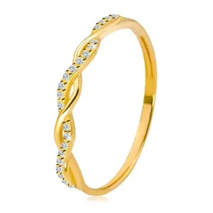 Prstan iz 14-karatnega rumenega zlata – dve prepleteni liniji, okrogli cirkoni prozorne barve - Velikost: 59