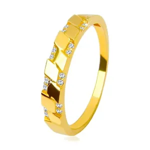 Prstan iz 14-karatnega rumenega zlata – svetleči prozorni cirkoni, motiv rombov - Velikost: 59
