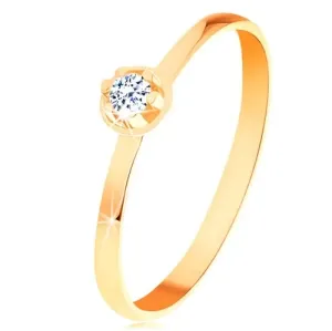 Prstan iz rumenega 14K zlata - prozoren diamant v dvignjeni okrogli objemki - Velikost: 52