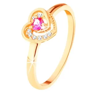Prstan iz zlata 585 - rožnato cirkonsko srce v dvojni konturi - Velikost: 49