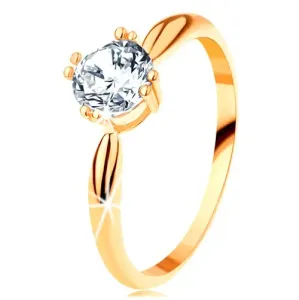 Zaročni prstan iz zlata 585 - zaobljena kraka, lesketav okrogel cirkon prozorne barve - Velikost: 50