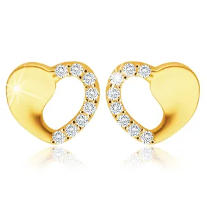 585 uhani iz rumenega zlata – simetrično srce z izrezom, okrogli, prozorni cirkoni