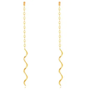 9K zlati viseči uhani - fina verižica iz ovalnih členov, okrasna valovita linija