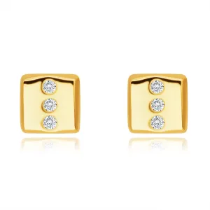 Diamantni uhani iz 14 K rumenega zlata - pravokotnik s tremi okroglimi briljanti, čepki