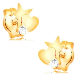 Diamantni uhani iz 14-k rumenega zlata - zvezdica in srček, okrogel prozoren briljant