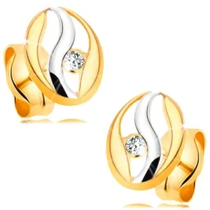 Diamantni uhani iz 14-k zlata – ovalen obris z valom iz belega zlata, briljant