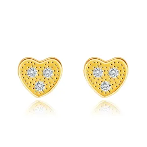 Diamantni uhani iz 14K rumenega zlata - srce s tremi, prozornimi briljanti