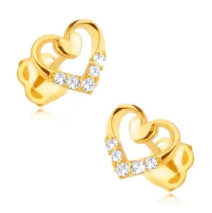 Diamantni uhani iz 14K zlata - obris srca z manjšim srcem in diamanti
