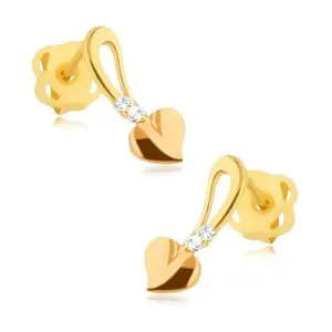 Lesketavi zlati uhani čistine 375 - zlato rožnati srci s pecljem, kamenčki