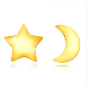 Uhani iz 9K rumenega zlata - sijoča luna in zvezda, čepki za zapenjanje