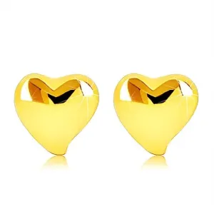 Uhani iz rumenega 9K zlata - ploščato asimetrično srce z zrcalnim leskom
