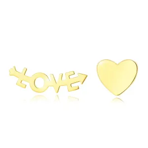 Uhani iz rumenega zlata 585 – srce in napis “LOVE”