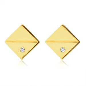 Vtični uhani iz 14K zlata – kvadrati z diagonalno zarezo, cirkoni, zatiči