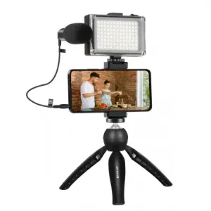 PULUZ Live Vlogger stojalo za mobilni telefon + LED luč in mikrofon, črna #141329