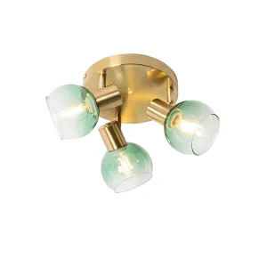 Art Deco stropna svetilka zlata z zelenim steklom 3 luči - Vidro