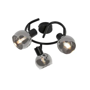 Art Deco stropna svetilka črna z dimnim steklom 3-svetlobna okrogla - Vidro