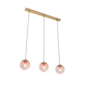 Art Deco viseča svetilka medenina z roza steklom 3-luč - Pallon Mezzi