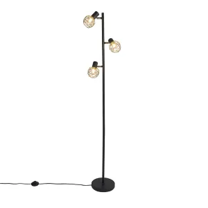 Dizajn talna svetilka črna z zlato nastavljivo 3 luči - Mesh