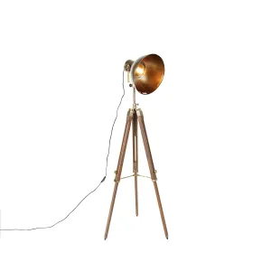 Industrijska trinožna stoječa svetilka bronasta z lesom - Mango