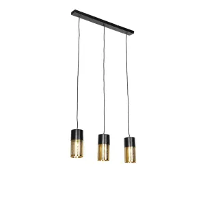 Industrijska viseča svetilka črna z zlato podolgovato 3-lučjo - Raspi