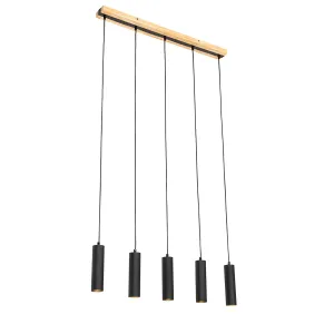 Moderna viseča svetilka črna z lesenimi 5 lučkami - Jeana