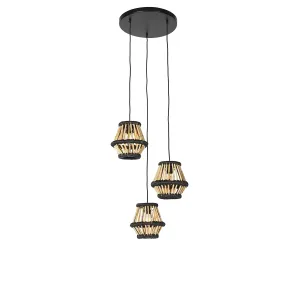 Orientalska viseča svetilka iz bambusa s črno okroglo 3-lučjo - Evalin
