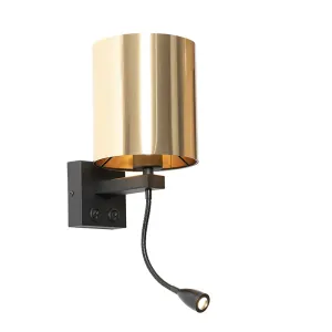 Stenska svetilka črna s flex krakom in senčnikom zlata 15 cm - Brescia