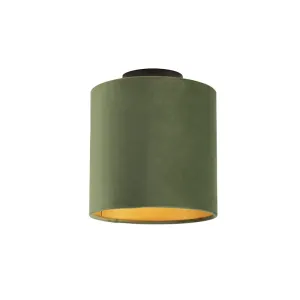 Stropna svetilka z velur odtenkom zelena z zlatom 20 cm - kombinirana črna
