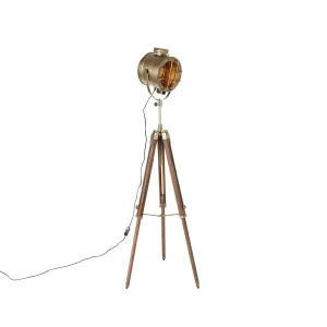 Stoječa talna svetilka bronasta z lesenim studio spotom - Shiny