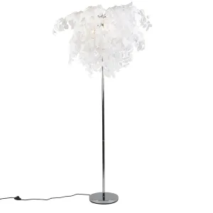 Romantična talna svetilka krom z belimi listi - Feder