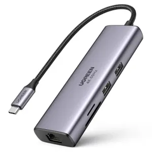 Ugreen CM512 HUB adapter USB-C - 2x USB 3.2 / HDMI 4K / SD TF / USB-C PD 100W / RJ45, siva #150261